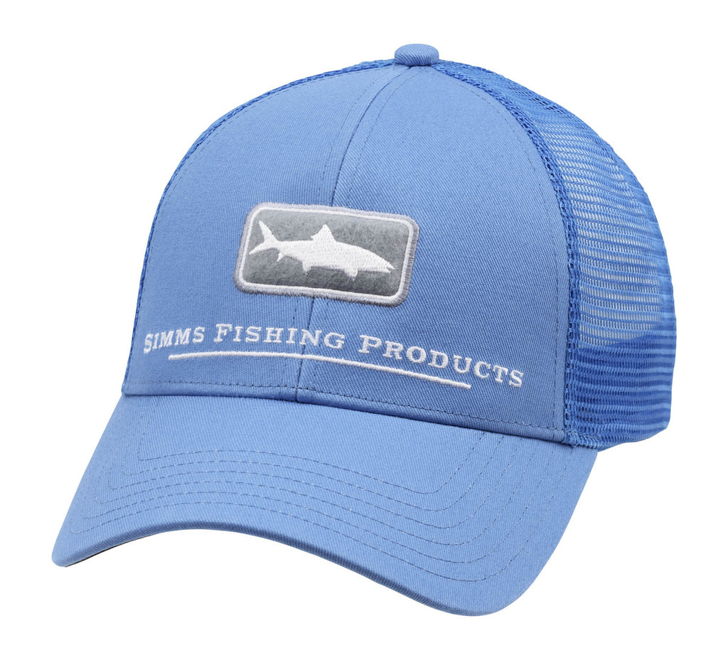 SIMMS Fishing Products Hat Blue/Orange Fish Logo Snapback Trucker